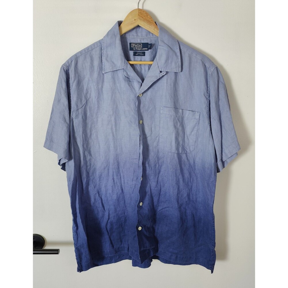 Polo Ralph Lauren Mens Medium Blue Dip Dye Linen Adams Camp Shirt Short Sleeve
